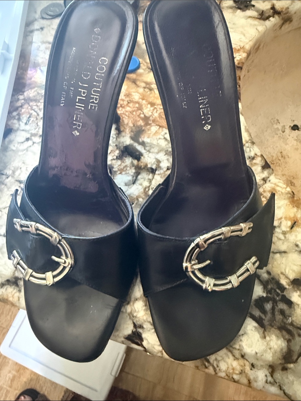 Donald J. Pliner Black Leather Slide Mules with Silver Buckle